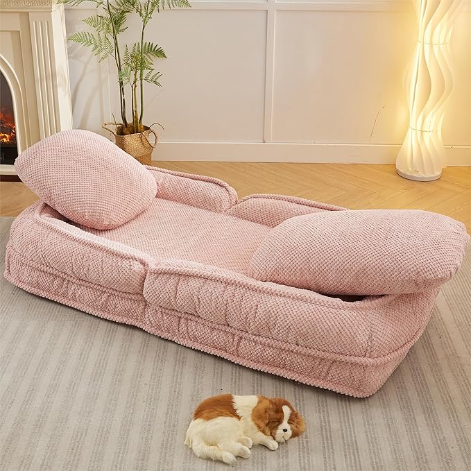 Lazy Sofa Couch 5 Adjustable Position Floor Sofa Fits with 2 Pillows Folding Tatami Lazy Bed Suit to Put in Bedroom Living Room (Pink)
