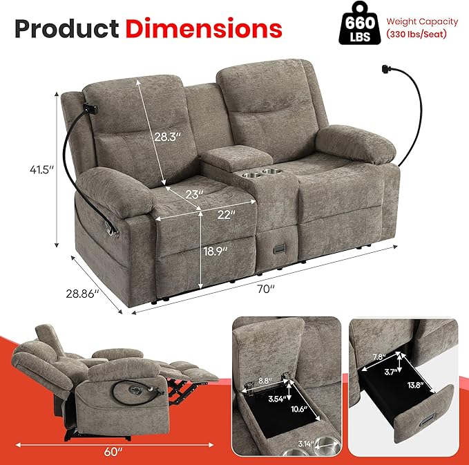 Chenille Fabric Manual Recliner Loveseat Sofa with Hidden Drawer Flip Console USB/Type-C Ports Phone Holder &amp Cup Holders Space-Saving Wall Hugger Couch for Small Spaces Apartments RVs Brow