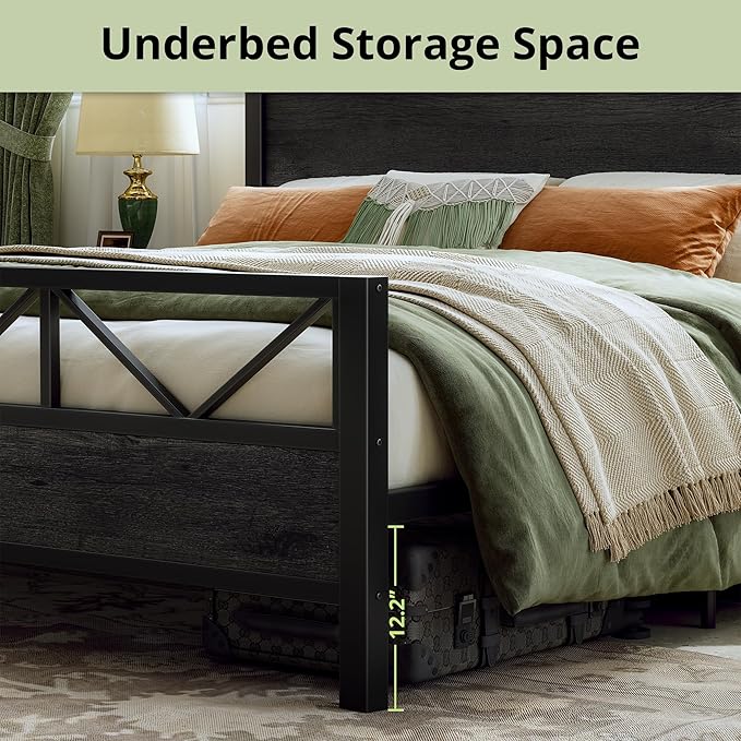 LIKIMIO King Bed Frame Tall Industrial Headboard 51.2  Platform Bed Frame with Strong Metal Support Solid and Stable Noise Free No Box Spring Needed Easy Assembly Charcoal Grey
