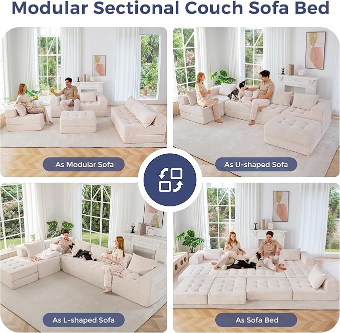 MAXYOYO Modular Sectional Sofa Couch Foldable U Shaped Cloud Couch with Pillows Tufted 7-Seat Boneless Sleeper Lounger Floor Sofa Bed for Living Room No Assembly Required Beige