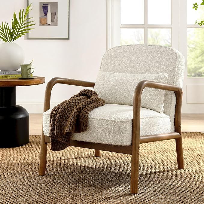 Modway Charlie Boucle Upholstered Wood Accent Armchair in Ivory – Mid-Century Modern Chair with Cushion – Cozy Reading Chair with Solid Wood Frame – Fabric Upholstered Armchair for Living Room