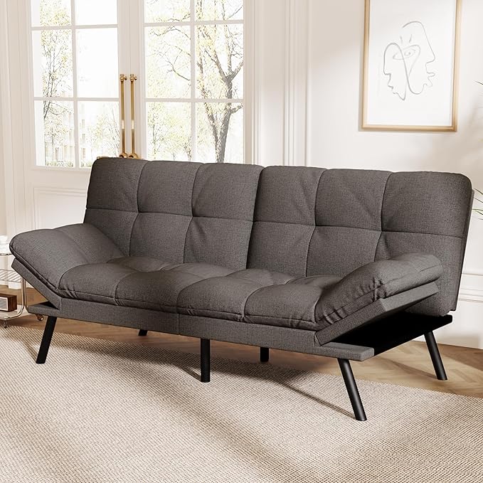 Vipbear Convertible Futon Sofa BedGrey Linen Futon Couch with Detachable CushionAdjustable Backrest &amp ArmrestModern Small Recliner Loveseat Sleeper Couch for Living RoomOfficeApartment