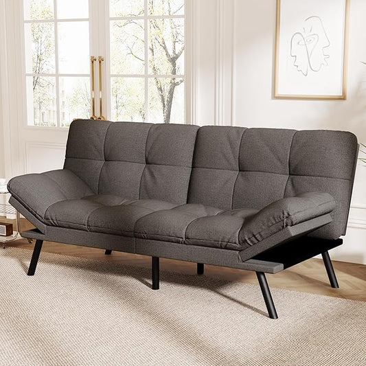 Vipbear Convertible Futon Sofa BedGrey Linen Futon Couch with Detachable CushionAdjustable Backrest &amp ArmrestModern Small Recliner Loveseat Sleeper Couch for Living RoomOfficeApartment