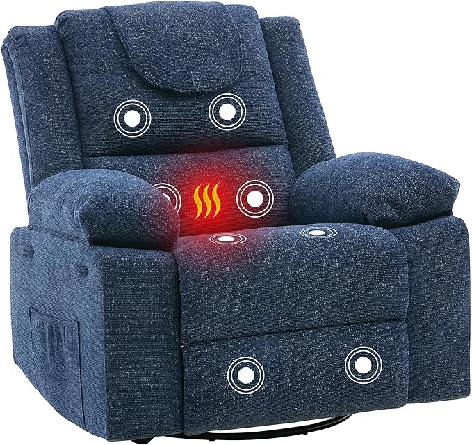 Oversized Rocker Recliner Chair for Adults 360° Swivel Glider Nursery Recliner with Vibration Massage &amp Heat Single Sofa for Living Room &amp Bedroom (Blue)