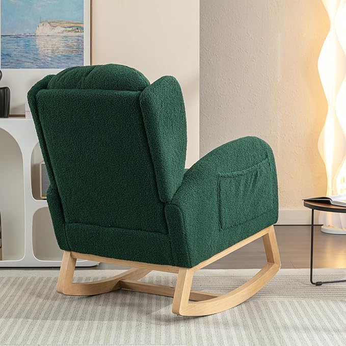 Setawix Teddy Rocking Glider Chair for NurseryUpholstered Living Room Rocker Arm ChairLeisure Sherpa Wingback ArmchairMid Century Modern Rocking Accent Chair with Side Pockets (Wingback Green)