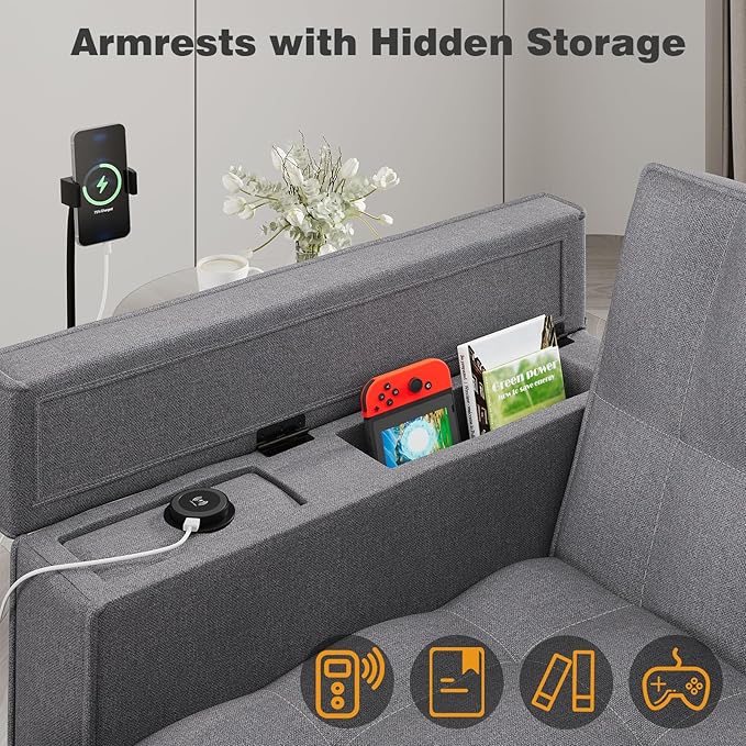 3-in-1 Convertible Chair Bed Sleeper with Phone Holder Pull Out Sofa Bed with USB &amp Type C Port and Wireless Charging Reading Chair with Adjustable Backrest for Living Room