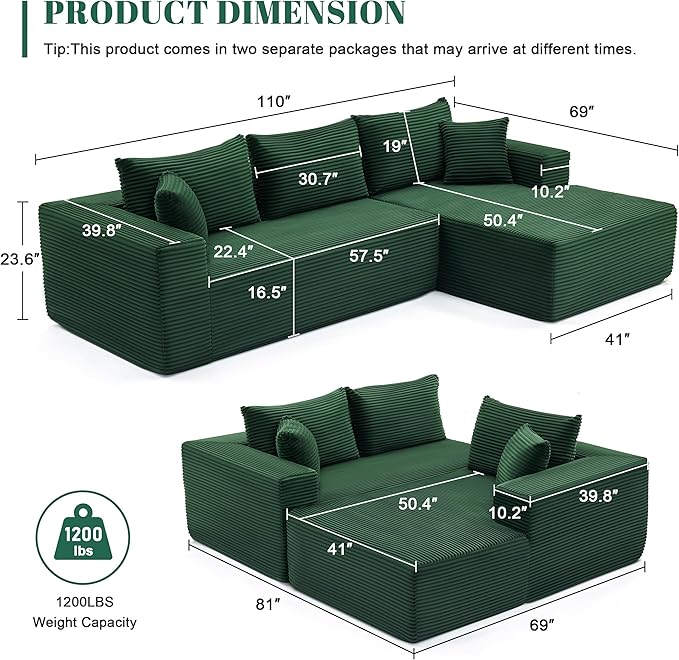 110” Cloud Sectional Couch Boneless Sofa for Living Room Modular Sectional Sofa with Deep Seat Comfy Fluffy Couch with L-Shaped Chaise No Assembly Required (Right-Facing Chaise Green)