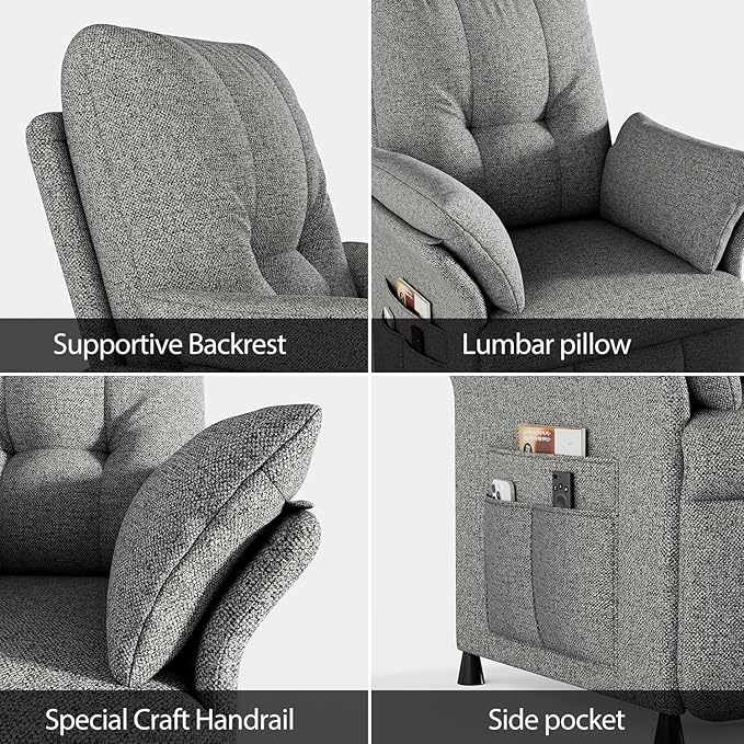 Power Recliner Chair for Adults with Heated &amp Massage Adjustable Electric Reclining Chair Sofa Lazy Boy Single Sofa with Side Pockets for Home Theater Seating Linen Light Grey