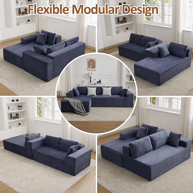 110 Boneless Sectional Couch with Chaise Lounge Cloud Couch Compressed Sofa L Shape No Assembly Memory Foam Sofa for Living Room Blue Corduroy