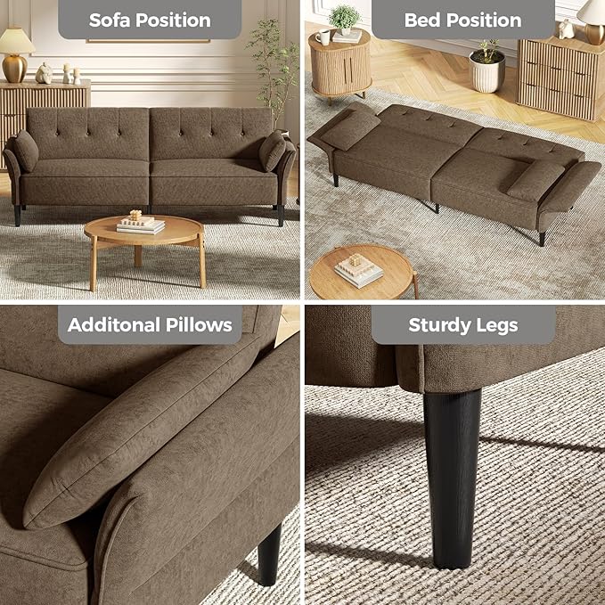 89” Futon Sofa Bed Comfy Futon Couch Bed with 2 Square Pillows Convertible Sleeper Sofa with Adjustable Backrest&amp Armrests Modern Loveseat Sleeper for Living RoomVelvet Fabric Brown