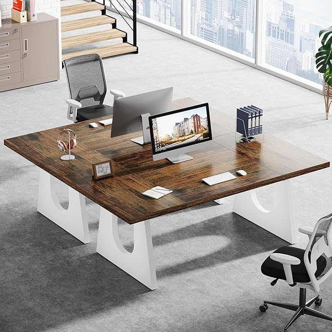Tribesigns 70.86-Inch Executive Desk Large Computer Office Desk with Double Wood Pedestal Modern Simple Style Rectangle Writing Table for Home Office (Brown &amp White)