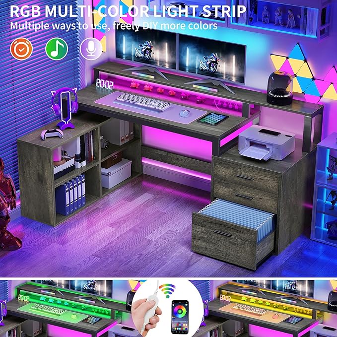 DWVO L Shaped Desk with Drawers 65 Computer Desk with Power Outlets &amp LED Lights Corner Home Office Desk with Storage Shelves &amp Printer Stand Grey