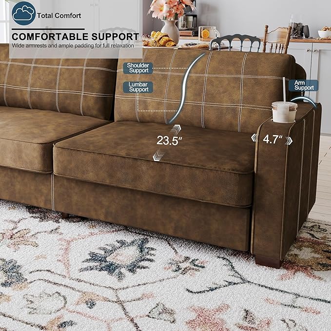80 Inch Brown Faux Leather Sofa Couch - Wide Armrests with 2 Built-in Cup Holders Contrast Stitching Oversized Leather Love Seat Couches for Living Room Bedroom Apartment