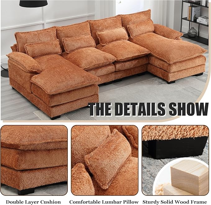 110'' U-Shaped Sectional Couch Modern Chenille Extra Large Modular Sofa with 4 Cushions Memory Foam Funiture Set with Double Lounger for Living Room Office Reception Room Orange