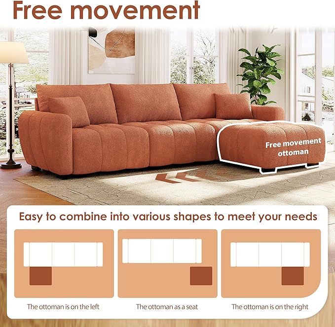 110 Modular Sectional Sofa with Pull-line Design Boucle Fabric L-Shape Upholstered Couch with Extra-Large Seat and Movable Ottoman Free Combination Sturdy Metal &amp Wood Frame (Orange-04)