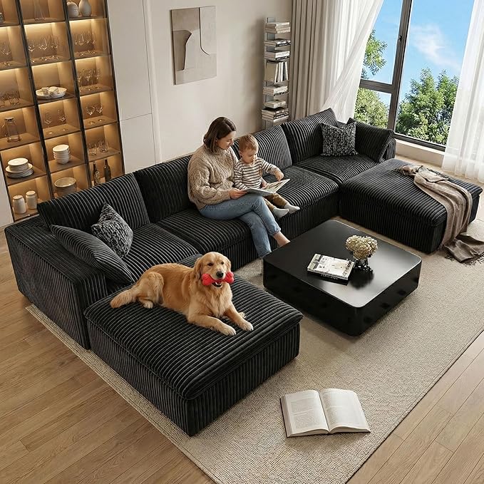 157.6 Cloud Couch Oversized Modular Sectional Sofa Boneless U-Shaped 6 Seater Deep Seat Couch with Ottoman Soft Corduroy Upholstery DIY Combination for Living Room No Assembly Required Black