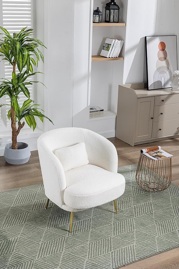 30.32 W Accent Chair Upholstered Curved Backrest Reading Chair Single Sofa Leisure Club Chair with Golden Adjustable Legs for Living Room Bedroom Dorm RoomIvory Boucle
