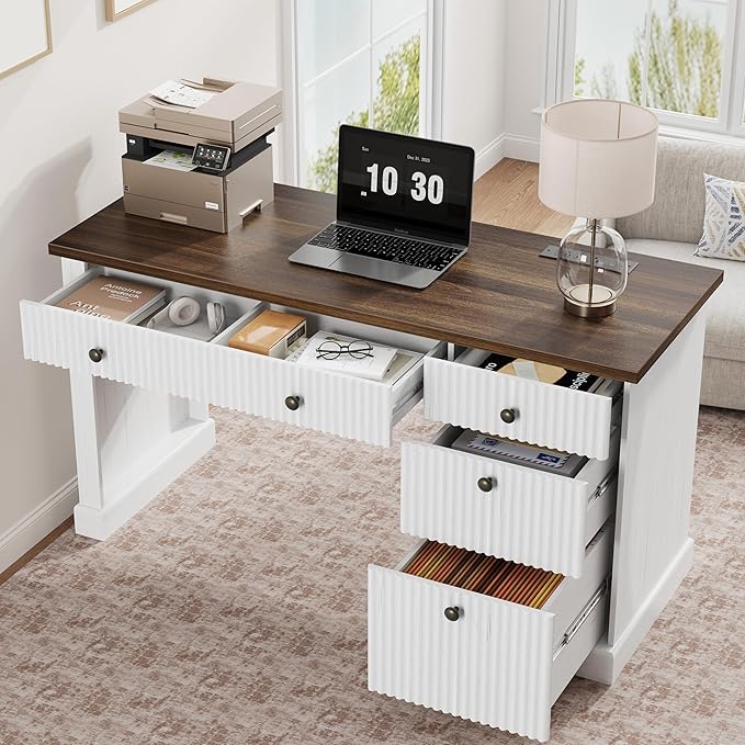 GarveeHome 54 Home Office Desk Fluted Executive Desk with File Drawers Wooden Computer Desk with Charging Station for Study Room-White