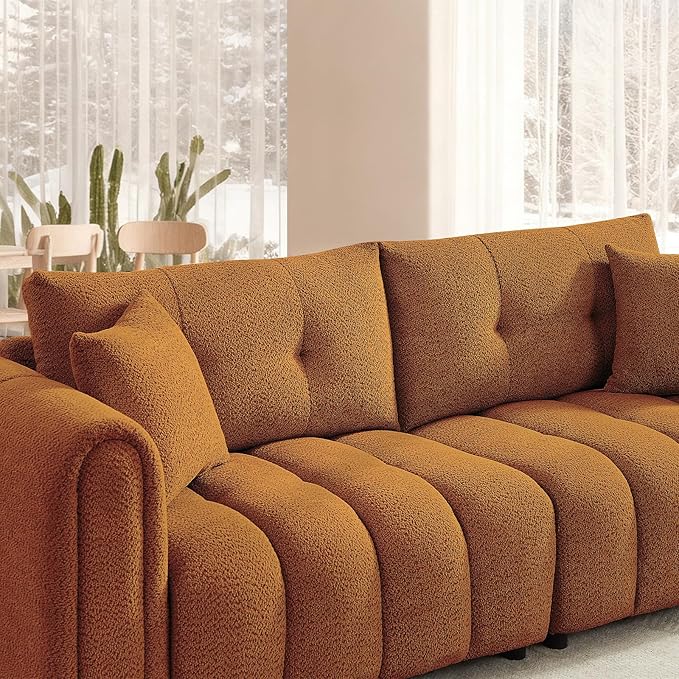 Mid Century Modern Boucle Sofas for Living Room 3 Seater Couch with Deep Seat Comfy Sherpa Cloud Couch Oversized Loveseat for Apartment Bedroom Home Office 91.5 Inch Burnt Orange