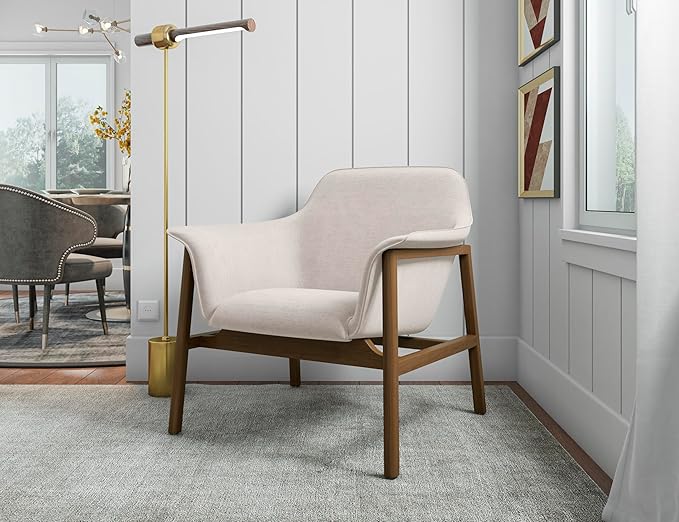 Manhattan Comfort Miller Mid Century Modern Accent Chair Linen Weave Upholstery Seamless Bucket Seat with Flared Arms Ideal for Living Room Bedroom &amp Office Use Fully Assembled Set of 1 Cre
