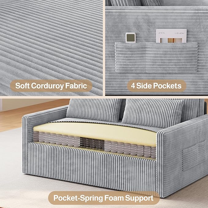 Ahomly 3 in 1 Pull Out Convertible Sofa Bed with 77.2'' Extended Sleeping Length Corduroy Loveseat Sleeper Sofa with Side Pockets Modern Loveseat for Living Room Grey