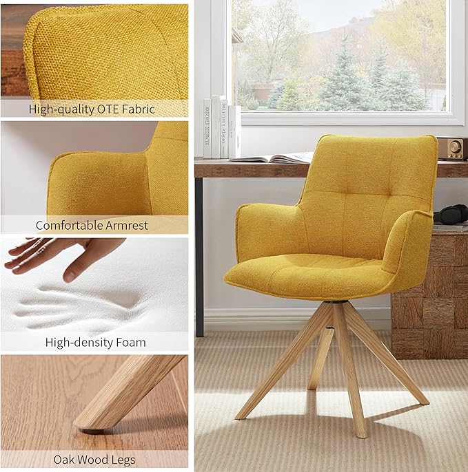 Art Leon Mid Century Modern Desk Chair - Fabric Upholstered Office Chair No Wheels Swivel Armchair with Oak Wood Legs for Small Space Living Room Bedroom Set of 2 Yellow