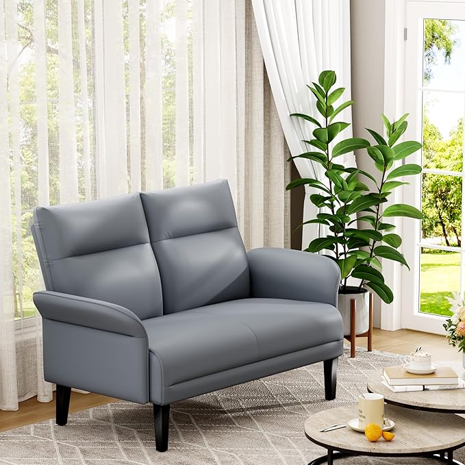 Yongchuang Small Couch 46 Grey Faux Leather Loveseat Sofa for Living Room Bedroom Love Seat Mini Couch with Arm Rest
