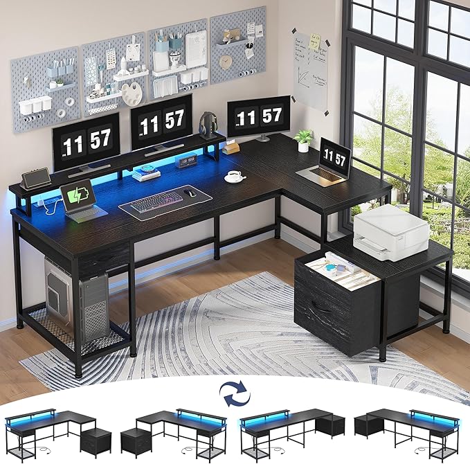 95.6'' Office Desk with LED Lights &amp Power Outlets L Shaped Gaming Desk with Drawers Two Person Computer Desks with Monitor Stand for Home Office Study Room and Bedroom Black