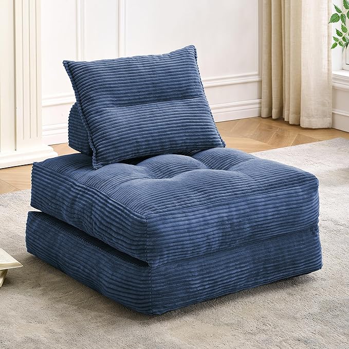 Folding Sofa Bed Fold Out Chair Bed with Pillow Convertible Sleeper Chair for Living Room/Small Spaces Foldable Lazy Sofa Bed Floor Chair Comfy Corduroy Couch Bed Navy Blue
