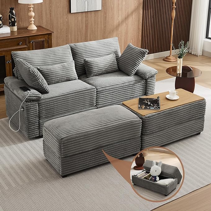 75 Corduroy Loveseat with Storage Ottoman Cloud Deep Seat Couch with Convertible Ottoman Coffee Table &amp USB Double Chaise Lounge for Living Room Grey