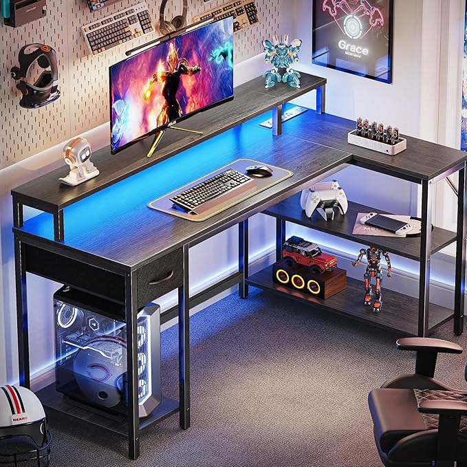 SUPERJARE 53 inch Reversible L Shaped Desk with LED Lights &amp Power Outlets Computer Desk with Shelves &amp Monitor Stand Gaming Desk with Drawer Home Office Desk Corner Desk Grey