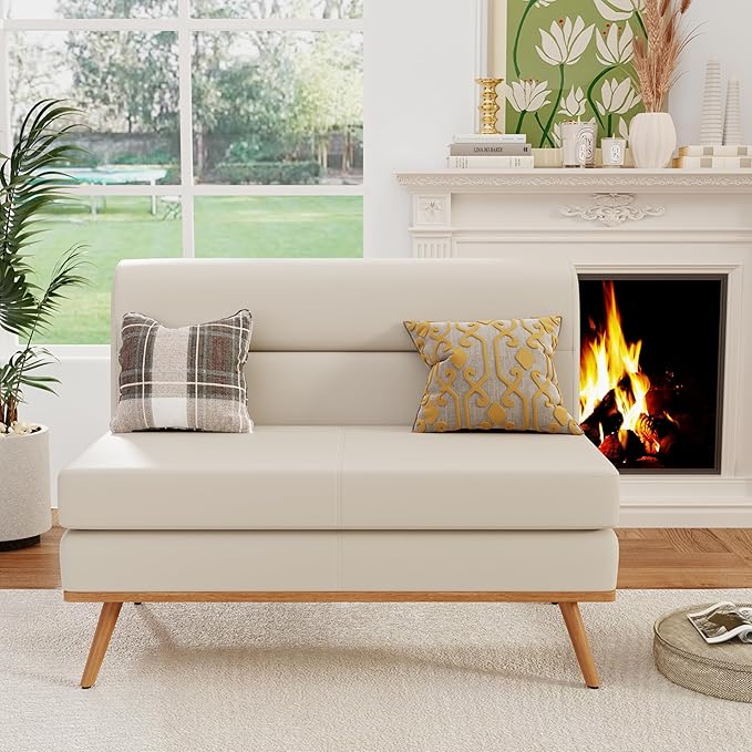 Aklaus Upholstered Small LoveseatFaux Leather Modern Mini Sofa Couch Love Seat Armless Settee Bench with Back for Living Room Bedroom Office Small Space Entryway Beige