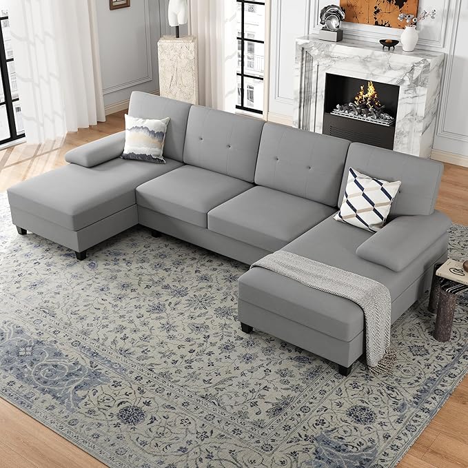 Nuturelly Nutually Sectional Couches for Living Room Convertible U-Shaped Sofa Couch with Double Chaise 4 Seat Sofa Set Modular Sofa Couch with Linen Fabric for Apartment Light Gray