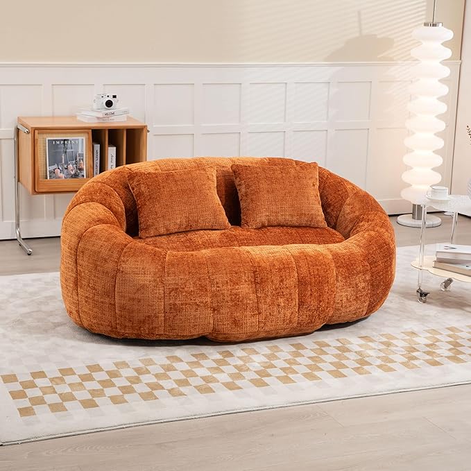 GDFStudio Colomt Lounge Chair Upholstered Lazy Sofa Chair 2 Seater Couch Comfort Chenille Loveseat Ready to Use Bean Bag Chair Soft Seating Lounge Reading Sofa for Living Room Bedroom Organge