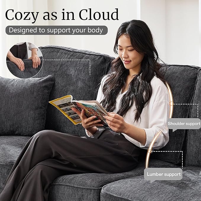 Couches for Living Room 89 inch Cloud Couch Sofa in Chenile with Extra Comfy Soft Deep Seats Modern 3 Seater Sofas for Living Room Bedroom Office Apartment Grey