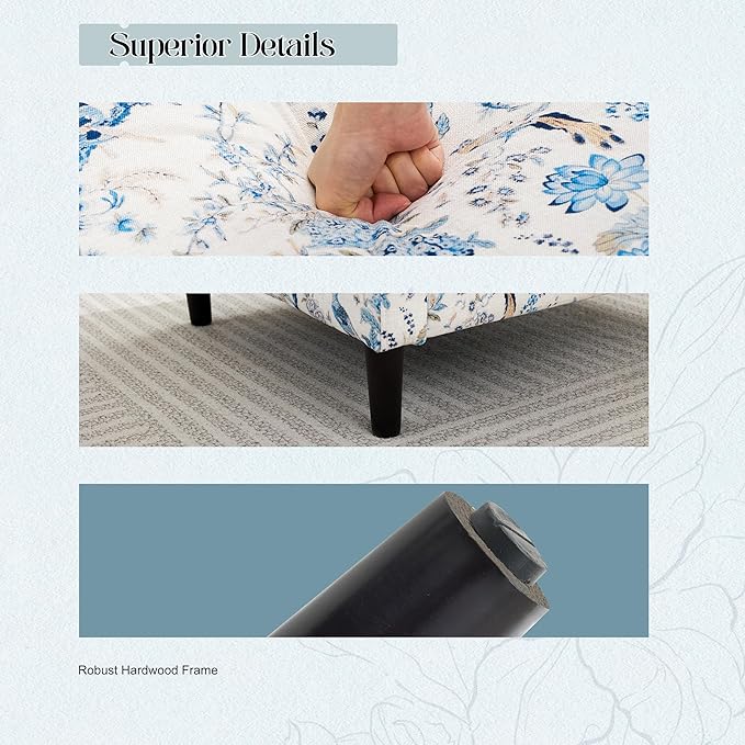 Mid-Century Accent ChairModern Linen Fabric Armchair for Living RoomComfy Upholstered Reading Accent Chairs for BedroomSingle Sofa Chair with Wood Legs (Blue Flowered Bird 2 Pack)