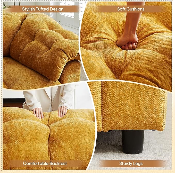 Modern Sofa Couch 94.8W Chenille Tufted Fluffy Comfy Cloud Couch with Tutfted Design &amp Armrest Pillow Upholstered Oversized Loveseat Sofa for Living Room Bedroom Office Apartment Yellow