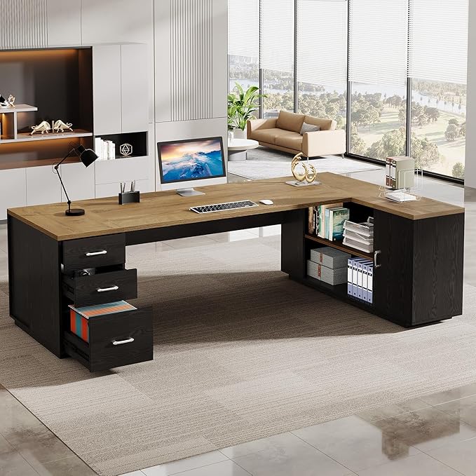 Tribesigns 85.8-Inch L-Shaped Executive Desk Extra Large Modern Office Desk with File Drawers Door Cabinet &amp Shelves Commercial Office Table Home Business Workstation Light Brown &amp Black
