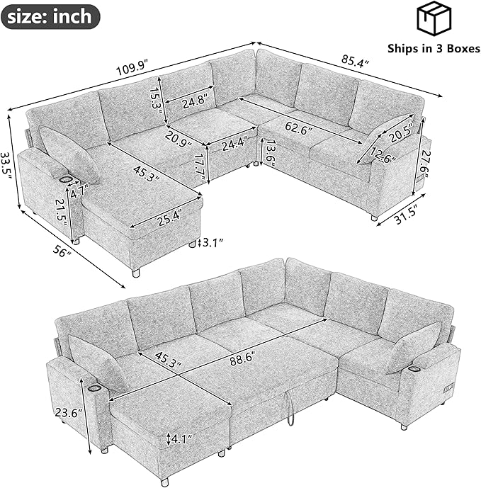 109.9 Modern Sectional Sofa Pull-Out Sofa Bed Sleeper with Storage Ottoman and 2 Cup Holders Chenille Convertible U-Shaped Couch Bed for Living Room (Grey-3.13)