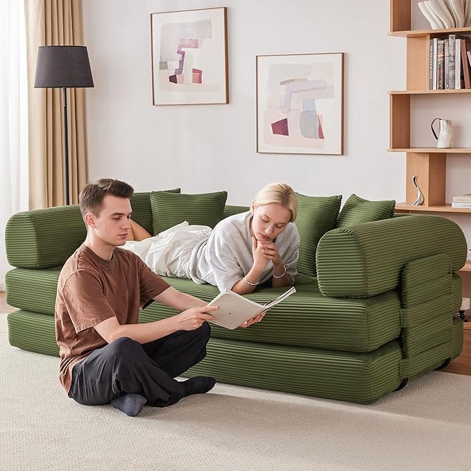 79 Oversized Boneless Couch with 4 Pillows5 in 1 Convertible Sleeper Futon Sofa Bed with Deep SeatCorduroy Foldable Modular Floor Pull Out Couch for Living RoomNo AssemblyGreen