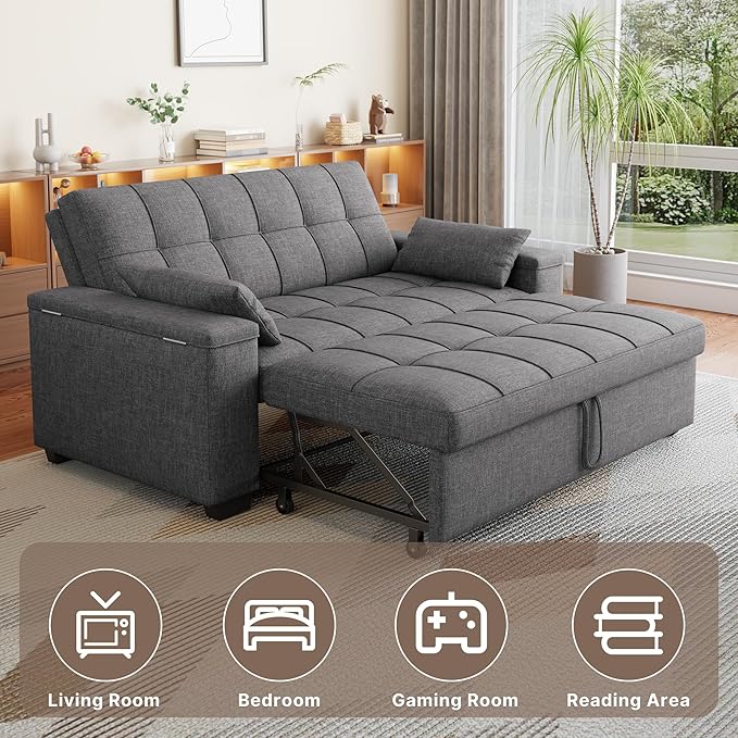 Gizoon 3 in 1 Convertible Sofa Bed Queen 63.6'' Pull Out Couch with Storage Armrests Sofa Cama Adjustable Backrest &amp Pockets Linen Loveseat Sleeper for Small Apartment Living Room Dark Grey