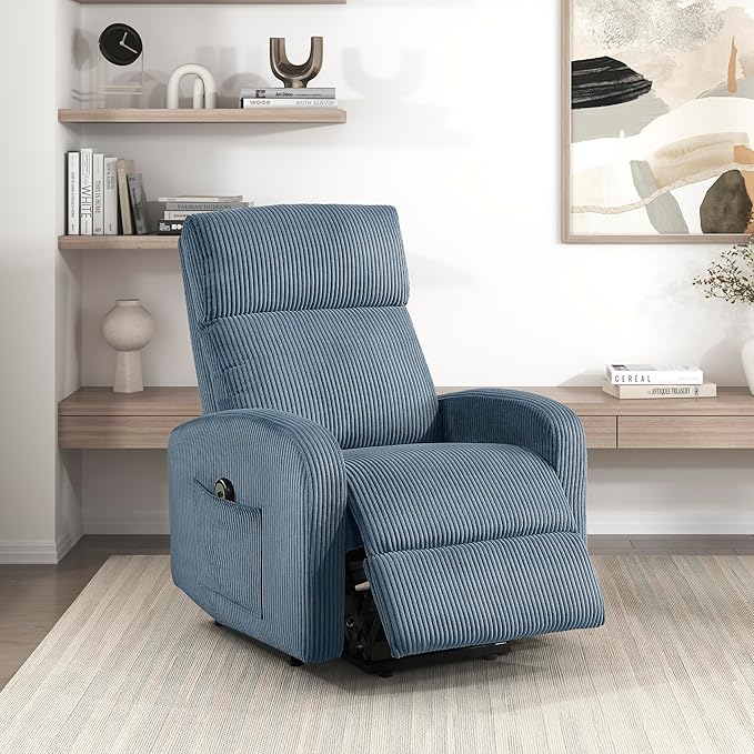 Lexicon Power Lift Recliner Chair for Elderly with Remote Control Gentle Lift Motion Side Pocket Armrest Corduroy Upholstered Electric Recliner for Living Room/Bedroom Easy Assembly Midnight Blue