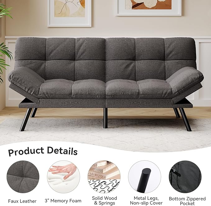 Convertible Futon Sofa BedGrey Linen Modern Futon CouchMemory Foam Loveseat Sleeper ReclinerDetachable CushionAdjustable Backrest &amp ArmrestCouch for Living RoomOfficeApartment