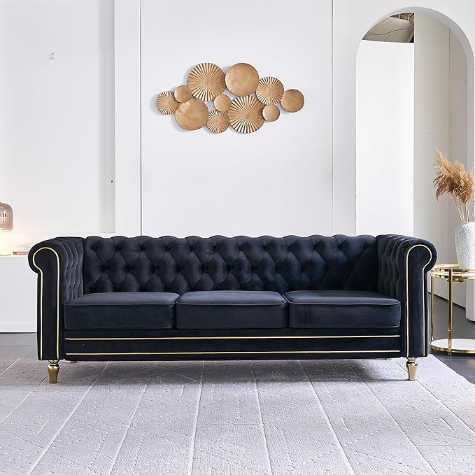 Homtique 84 Modern Couch for Living Room 3 Seater Comfy Velvet Sofa with Button Tufted Rolled Arms and Gold Legs Chesterfield Sofa for Home/Office Bedroom Black
