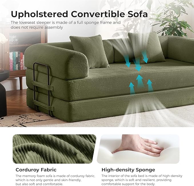 5-in-1 Convertible Sofa Bed | 79 Modular Sleeper with High-Resilience Foam &amp Fixed Frame No Assembly | Corduroy Fabric Ideal for Small Spaces Studio (Light Green)