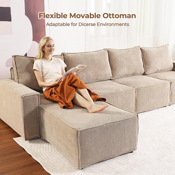 Luxuly Modular Sectional Corduroy Sofa Set L Shaped Couch Reversible Chaise Modular Sectional Couch Mix and Match Pieces Aemless Sofa Camel