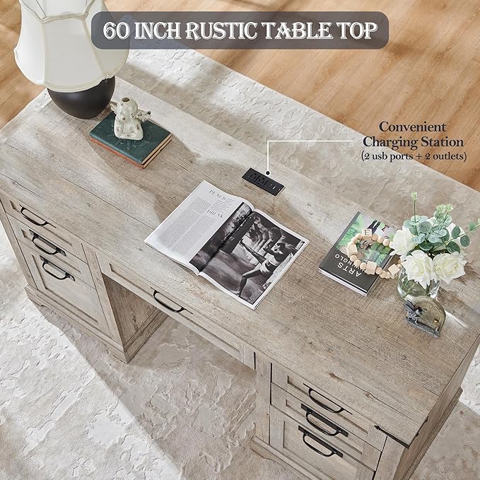 RedLemon 60 Farmhouse Executive Desk with Drawers Wood Home Office Desk w/Charging Station Keyboard Tray File Drawer Storage Cabinet Rustic Computer Writing Desk (Light Rustic Oak)