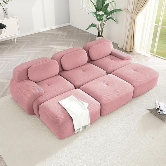 Modular Sectional Sofa 117.3 Cloud Couch 3-Seater Sectional Couch with Movable Ottoman Modern Deep Seat Couches for Living Room Comfy Corduroy Boneless Sofa for Bedroom No Assembly Pink