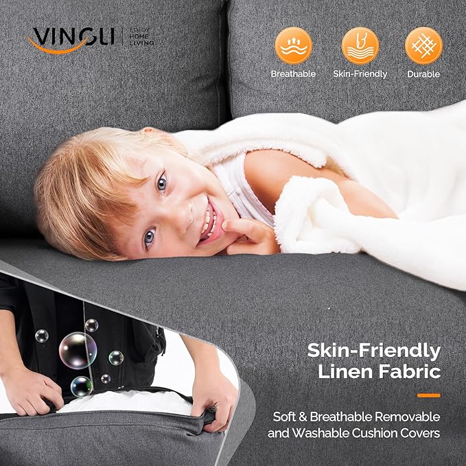 VINGLI 47 Small Couch Dark Grey Linen Loveseat Sofa Mini Couch Mid Century Modern Decor Love Seat for Small Spaces Living Room Bedroom Play Room
