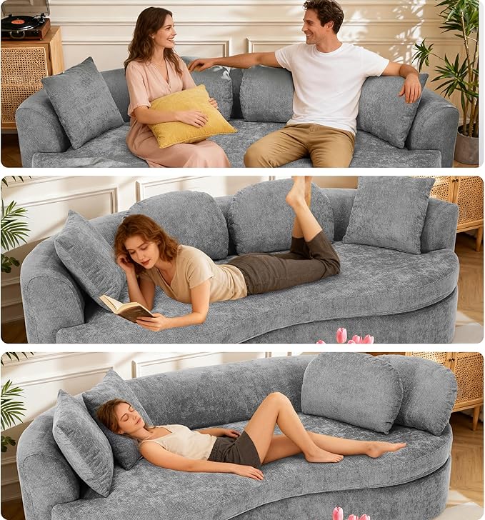 95” Modern Curved Sofa Chenille Fabric Comfy Cloud Couch No Assembly Required Half Moon Couch with Deep Seat 4 Pillows for Living Room Apartment Bedroom